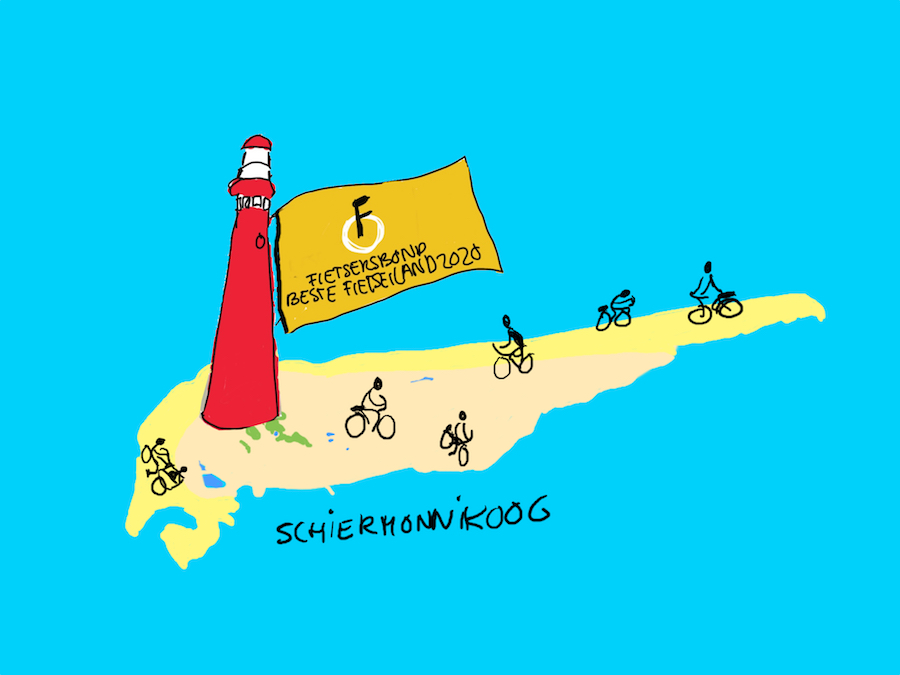 Op een vlag aan de vuurtoren van Schiermonnikoog staat: Beste Fietseiland
