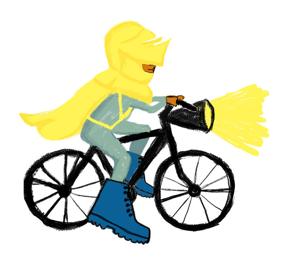 Tekening van geharnaste fietser met zaklantaarn